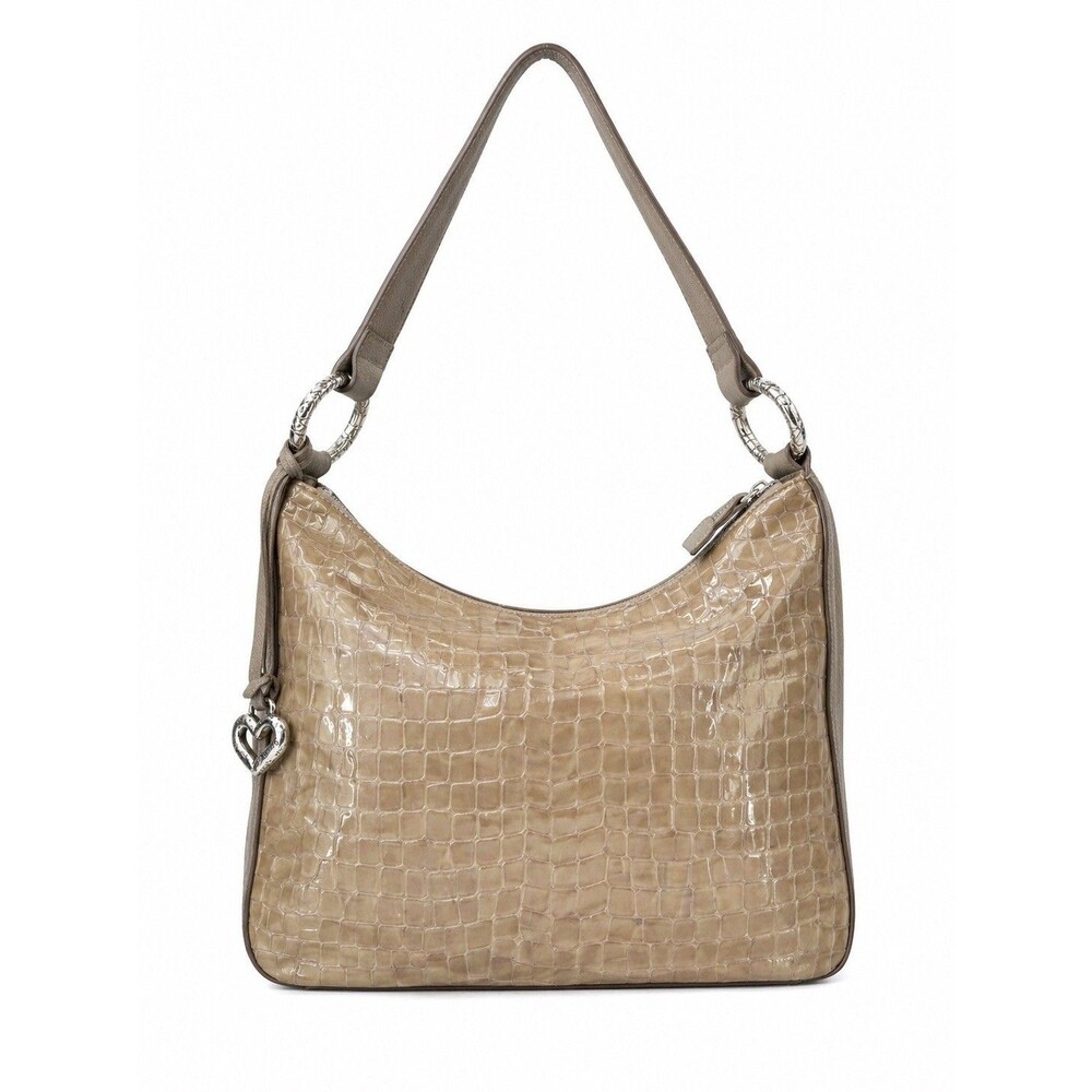 Brighton Beige Croc Embossed Patent Leather Hobo Shoulder Bag Heart Charm